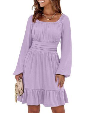 Women's Light Purple Long Lantern Sleeve Ruffle Flowy Swing A-Line Short Dress